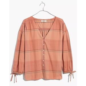 Madewell Morningview Tie-Sleeve Shirt in Peach Plaid M